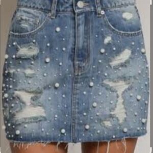Denim Pearl-Embellished Skirt